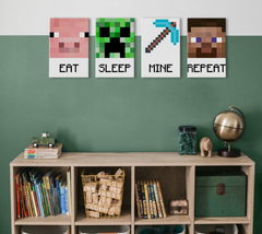 Модерна картина на платно в зелено-бяло нюанси, игрива атмосфера, детство | Minecraft картина - Najlepšie postavičky na платно - Eat, Sleep, Mine, Repeat – продукт, изглед 2