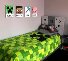 Модерна картина на платно в зелено-бяло нюанси, игрива атмосфера, детство | Minecraft картина - Najlepšie postavičky na платно - Eat, Sleep, Mine, Repeat – основна