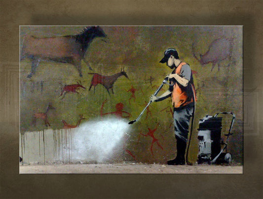 В бохо стил картина с мотив Street ART – Banksy, пейзаж, море и плаж в виолетово-синьо нюанси | Картина на платно Street ART – Banksy – преглед