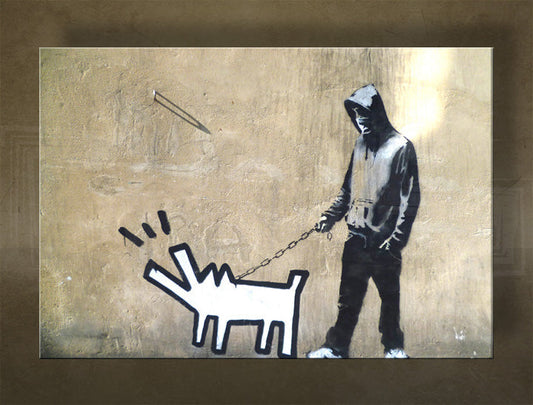 Поп арт картина на платно с мотив Street ART – Banksy, куче, море и плаж в виолетово-синьо нюанси, многопанелно изпълнение, подходяща за хол – основна