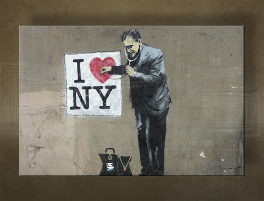 Класическа картина с мотив Street ART – Banksy, мъж в костюм, пейзаж в виолетово-синьо нюанси | Картина на платно Street ART – Banksy, градски живот – преглед