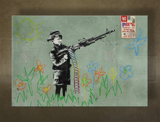 В бохо стил картина на платно с мотив Street ART – Banksy, дете, графити, цветя, слънце в виолетово-синьо нюанси, детство, многопанелно изпълнение – основна