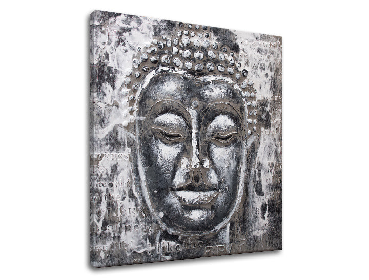 Индустриална картина на платно с мотив BUDHA, Buddha в бяло-сиво нюанси, спокойна атмосфера, vnútorný mier, подходяща за спалня | Картина на платно BUDHA – продукт