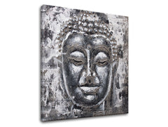 Индустриална картина на платно с мотив BUDHA, Buddha в бяло-сиво нюанси, спокойна атмосфера, vnútorný mier, подходяща за спалня | Картина на платно BUDHA – продукт