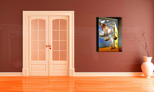 Винтидж картина на платно с мотив CHASTITY – Salvador Dalí, пейзаж, шапка, природа в синьо-сиво нюанси окачена в интериор на работен кабинет, мечти – интериор
