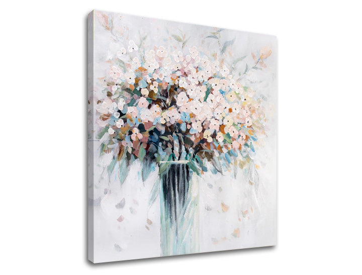В скандинавски стил картина на платно с мотив ЦВЕТЯ VO ВАЗИ, цветя, ваза, карта, природа в бяло-бежово нюанси, спокойна атмосфера, подходяща за спалня – продукт