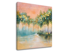 Модерна картина на платно с мотив дървета, пътека, небе, мъгла, природа в синьо-розово нюанси, спокойна атмосфера, природа, подходяща за хол – продукт