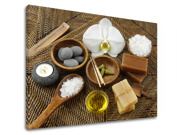 Класическа картина на платно с мотив FENG SHUI, орхидея, детски мотив, цветя, море и плаж в бяло-бежово нюанси, спокойна атмосфера, подходяща за хол – продукт