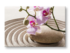 Класическа картина на платно с мотив FENG SHUI, орхидея, зен градина, цветя, карта в бежово-розово нюанси, спокойна атмосфера, подходяща за хол – основна