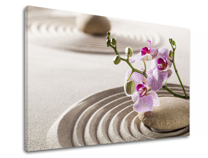 Класическа картина на платно с мотив FENG SHUI, орхидея, зен градина, архитектура, детски мотив в розово нюанси, спокойна атмосфера, подходяща за хол – продукт