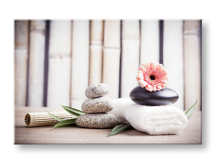 Класическа картина на платно с мотив FENG SHUI, бамбук, цветя, природа в бежово-розово нюанси, спокойна атмосфера, природа, подходяща за хол – основна