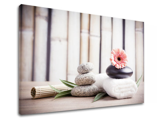 Класическа картина на платно с мотив FENG SHUI, бамбук, цветя, природа в бежово-розово нюанси, спокойна атмосфера, природа, подходяща за хол – продукт