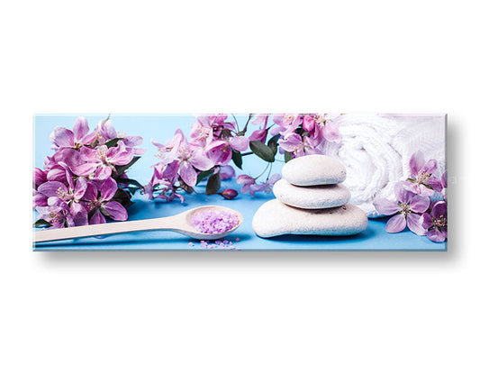 Класическа картина на платно с мотив FENG SHUI, цветя, природа в бяло-виолетово нюанси, спокойна атмосфера, пролетна атмосфера и природа, подходяща за хол – основна