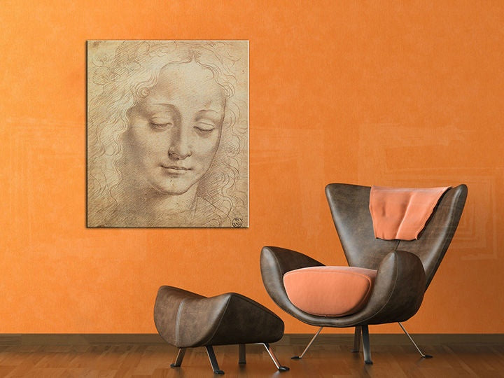 Винтидж картина на платно с мотив HLAVA ЖЕНИ 3 – Leonardo Da Vinci, пейзаж, природа в оранжево нюанси окачена в интериор на работен кабинет, духовност и красота – интериор