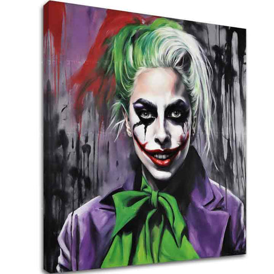 Поп арт картина на платно с мотив Joker Lady в виолетово-зелено нюанси | Картина на платно - Joker Lady, стенна декорация – основна