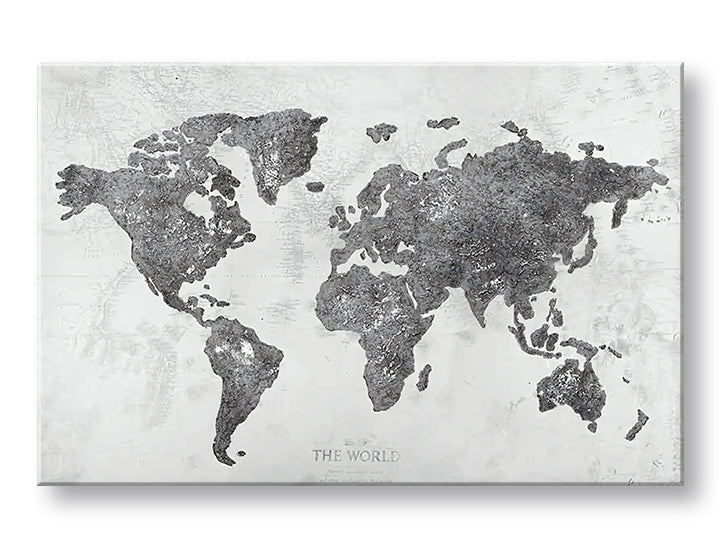 Индустриална картина на платно с мотив MAPA SVETA, карта, природа в бяло-сиво нюанси, изтънчена атмосфера, подходяща за офис | Картина на платно MAPA SVETA – основна