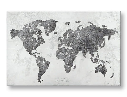 Индустриална картина на платно с мотив MAPA SVETA, карта, природа в бяло-сиво нюанси, изтънчена атмосфера, подходяща за офис | Картина на платно MAPA SVETA – основна