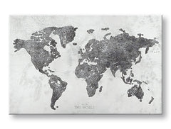 Индустриална картина на платно с мотив MAPA SVETA, карта, природа в бяло-сиво нюанси, изтънчена атмосфера, подходяща за офис | Картина на платно MAPA SVETA – основна