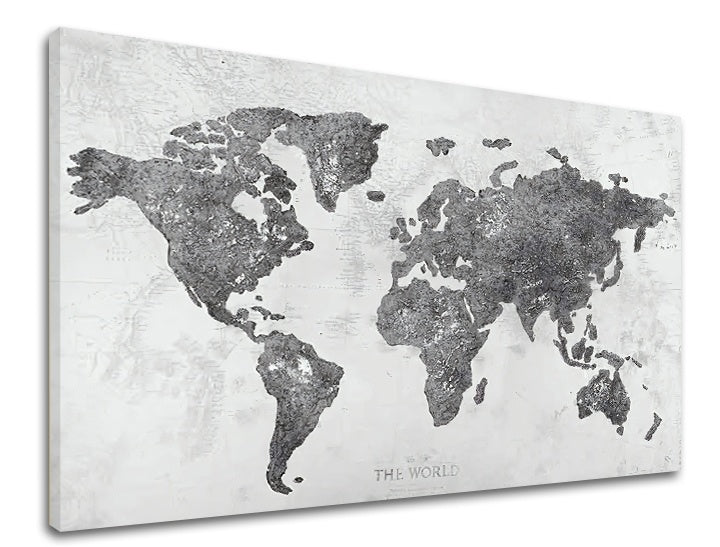 Индустриална картина с мотив MAPA SVETA, карта, природа в бяло-сиво нюанси | Картина на платно MAPA SVETA – преглед