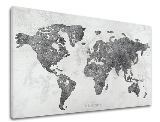 Индустриална картина на платно с мотив MAPA SVETA, карта, природа в бяло-сиво нюанси, изтънчена атмосфера, подходяща за офис | Картина на платно MAPA SVETA – продукт