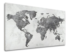 Индустриална картина на платно с мотив MAPA SVETA, карта, природа в бяло-сиво нюанси, изтънчена атмосфера, подходяща за офис | Картина на платно MAPA SVETA – продукт