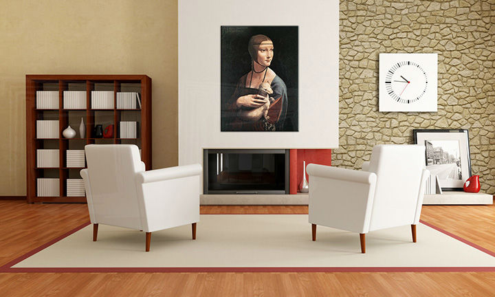 Винтидж картина на платно с мотив DÁMA S HRANOSTAJOM – Leonardo da Vinci, пейзаж, религиозен мотив, природа, животно окачена в интериор на хол – интериор