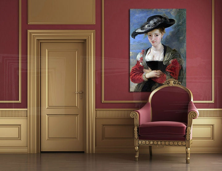 Винтидж картина на платно с мотив LE CHAPEAU DE PAILLE – Peter Paul Rubens в синьо-златно нюанси окачена в интериор на хол, елегантност – интериор