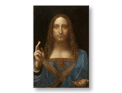 Винтидж картина на платно с мотив Leonardo da Vinci - Salvator Mundi, карта, природа в синьо-златно нюанси, празнична атмосфера, подходяща за хол – продукт