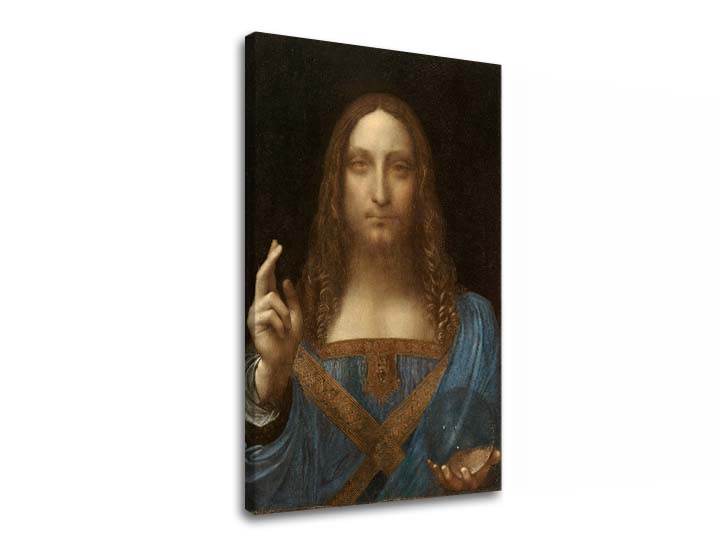 Винтидж картина на платно с мотив Leonardo da Vinci - Salvator Mundi, карта, природа в синьо-златно нюанси, празнична атмосфера, подходяща за хол – основна