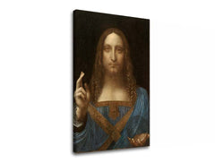 Винтидж картина на платно с мотив Leonardo da Vinci - Salvator Mundi, карта, природа в синьо-златно нюанси, празнична атмосфера, подходяща за хол – основна