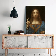 Винтидж картина на платно с мотив Leonardo da Vinci - Salvator Mundi, карта, природа в синьо-златно нюанси, празнична атмосфера, подходяща за хол – продукт, изглед 2
