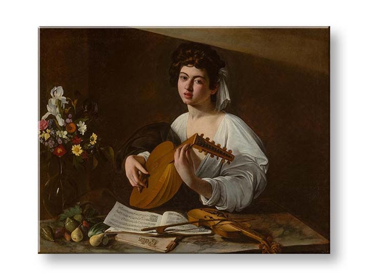 В бохо стил картина на платно с мотив Michelangelo Caravaggio - Lutnista, цветя, цигулка, музикален мотив, природа в бяло-златно нюанси, подходяща за кухня – продукт, изглед 2