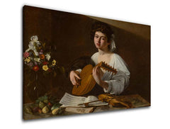 В бохо стил картина на платно с мотив Michelangelo Caravaggio - Lutnista, цветя, цигулка, музикален мотив, природа в бяло-златно нюанси, подходяща за кухня – продукт