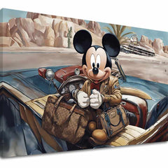 Поп арт картина на платно с мотив Štýlový Mickey Mouse, автомобил, пътнически мотив в синьо-червено нюанси, приключение и носталгия – основна
