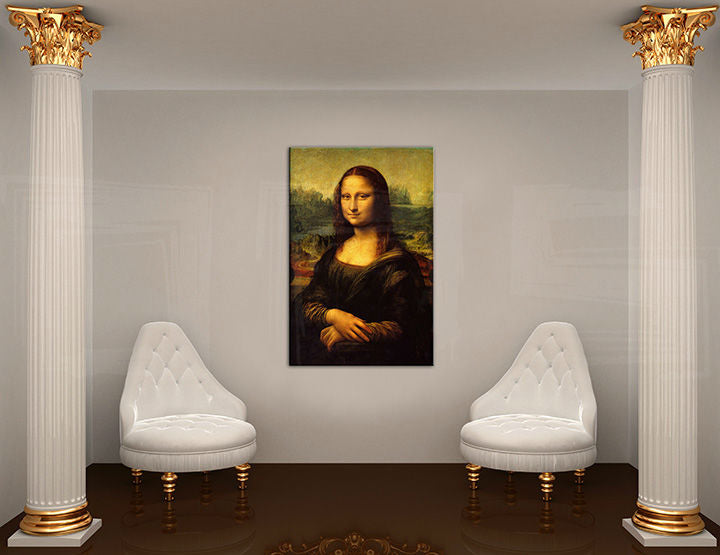 Поп арт картина на платно с мотив MONA LISA – Leonardo Da Vinci, пейзаж, градски мотив, природа в бяло-златно нюанси окачена в интериор на работен кабинет – интериор