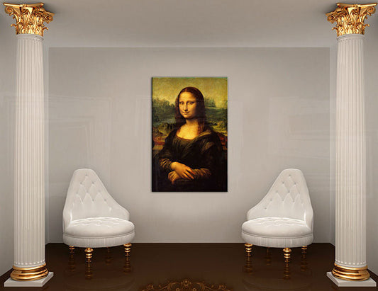 Поп арт картина на платно с мотив MONA LISA – Leonardo Da Vinci, пейзаж, градски мотив, природа в бяло-златно нюанси окачена в интериор на работен кабинет – интериор