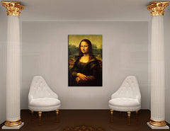 Поп арт картина на платно с мотив MONA LISA – Leonardo Da Vinci, пейзаж, градски мотив, природа в бяло-златно нюанси окачена в интериор на работен кабинет – интериор