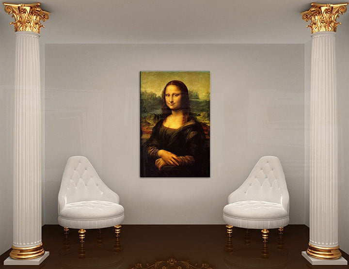 Поп арт картина с мотив MONA LISA – Leonardo Da Vinci, пейзаж, градски мотив в бяло-златно нюанси | Картина на платно MONA LISA – Leonardo Da Vinci – преглед
