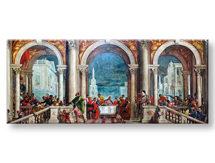 Поп арт картина на платно с мотив Paolo Veronese - Kristus v Leviho dome в бежово-синьо нюанси, празнична атмосфера, празнуване, подходяща за хол – продукт, изглед 2