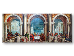 Поп арт картина на платно с мотив Paolo Veronese - Kristus v Leviho dome в бежово-синьо нюанси, празнична атмосфера, празнуване, подходяща за хол – продукт, изглед 2