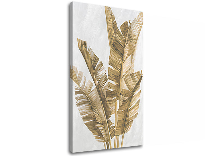 Индустриална картина на платно с мотив RASTLINY 017, природа в бяло-златно нюанси, спокойна атмосфера, природа и тропически рай, подходяща за работен кабинет – продукт