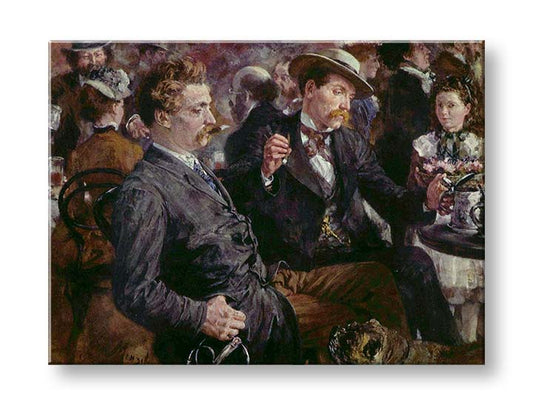 Модерна картина на платно с мотив Adolf Menzel - Na pivnej záhrade, куче в кафяво-бяло нюанси, градски живот | Картина на платно Adolf Menzel - Na pivnej záhrade – продукт