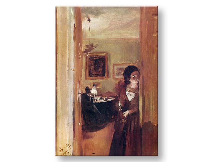 Модерна картина на платно с мотив Adolf Menzel - Obývačka s umelcovou sestrou в кремаво нюанси, интимна атмосфера | Картина на платно Adolf Menzel - Obývačka s umelcovou sestrou – продукт