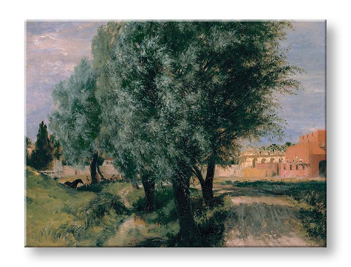 Модерна картина на платно с мотив Adolph Menzel - Stavenisko s vrbami, дървета, пътека, небе в зелено-кафяво нюанси, спокойна атмосфера – продукт