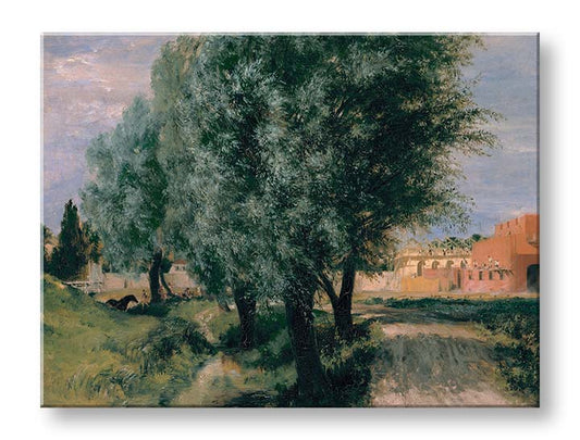 Модерна картина на платно с мотив Adolph Menzel - Stavenisko s vrbami, дървета, пътека, небе в зелено-кафяво нюанси, спокойна атмосфера – продукт