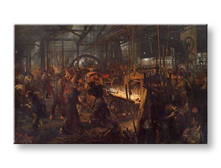 Модерна картина на платно с мотив Adolph Menzel - Valcovňa železa в черно-жълто нюанси | Картина на платно Adolph Menzel - Valcovňa železa – продукт