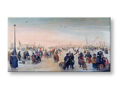 Модерна картина на платно с мотив Hendrick Avercamp - Zábava na lade v meste, птици в кафяво нюанси, жизнена атмосфера | Картина на платно Hendrick Avercamp - Zábava na lade v meste – продукт