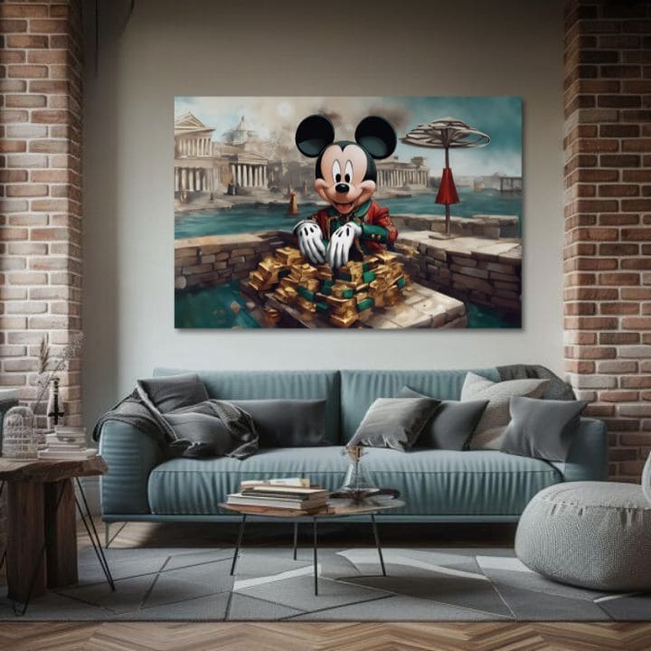 Класическа картина на платно с мотив Bohatý Mickey Mouse, детски мотив, природа в синьо-зелено нюанси, подходяща за хол | Картина на платно - Bohatý Mickey Mouse – продукт