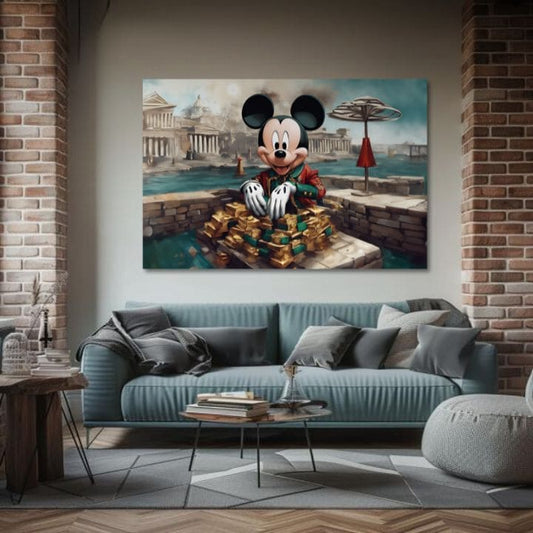 Класическа картина на платно с мотив Bohatý Mickey Mouse, детски мотив, природа в синьо-зелено нюанси, подходяща за хол | Картина на платно - Bohatý Mickey Mouse – продукт