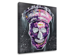 Модерна картина на платно с мотив ROCK, череп, корона в бяло-виолетово нюанси, дръзка атмосфера, подходяща за хол | Картина на платно ROCK – основна